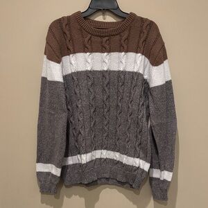 Colorblock Cable Knit Crewneck Sweater in Brown, Gray & White
